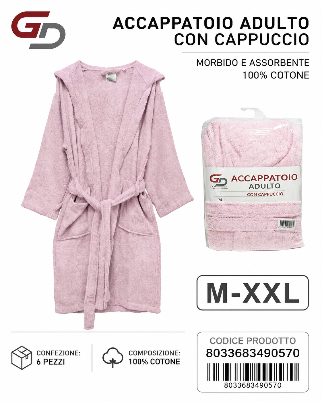 Accappatoi Da Bagno Pink 1M-2L-2Xl-1Xxl 100%Cotone