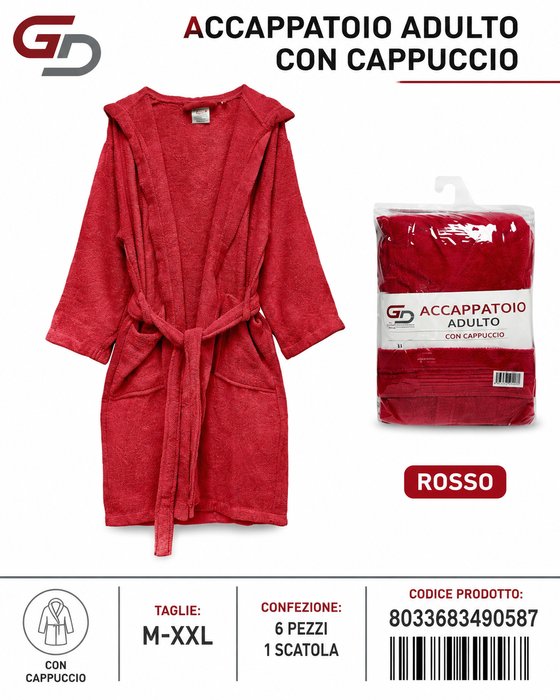 Accappatoi Da Bagno Red 1M-2L-2Xl-1Xxl 100%Cotone