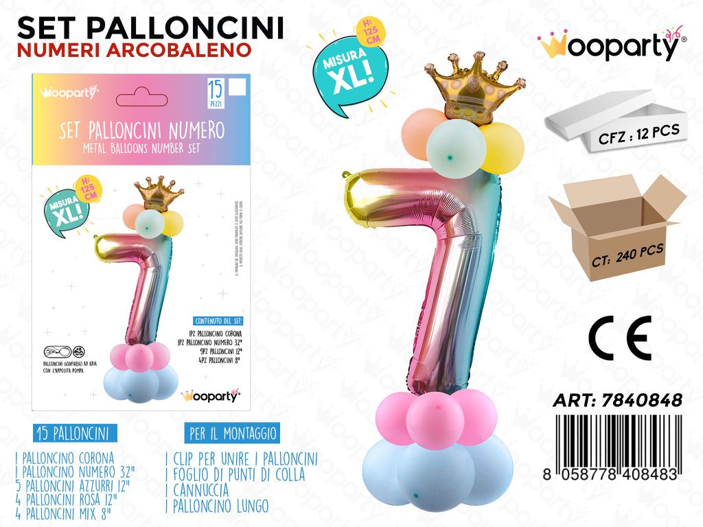 Set Palloncini N.7 Multicolor 15PCS 125CM