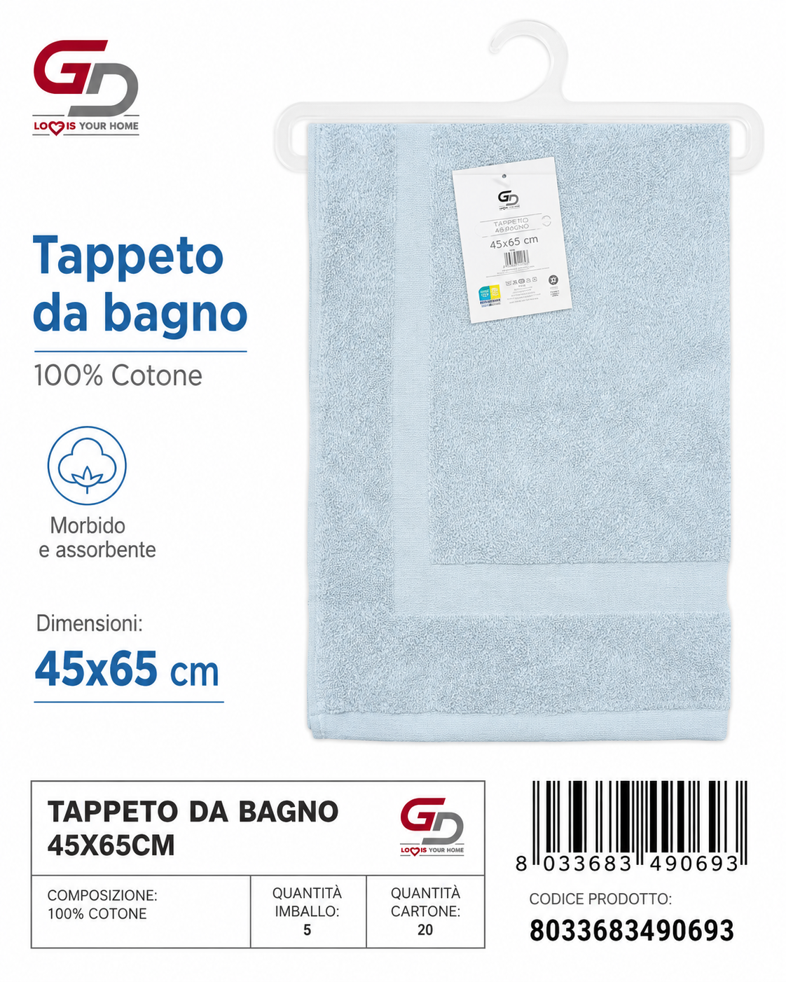 Tappeto Da Bagno Clear Blue 45 X 65 Cm 100%Cotone