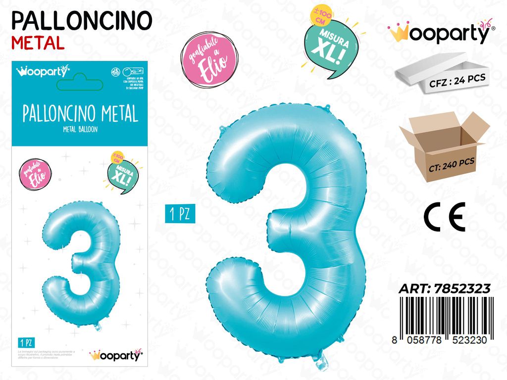 Wooparty Palloncino N.3 Azz. Opaco 100CM