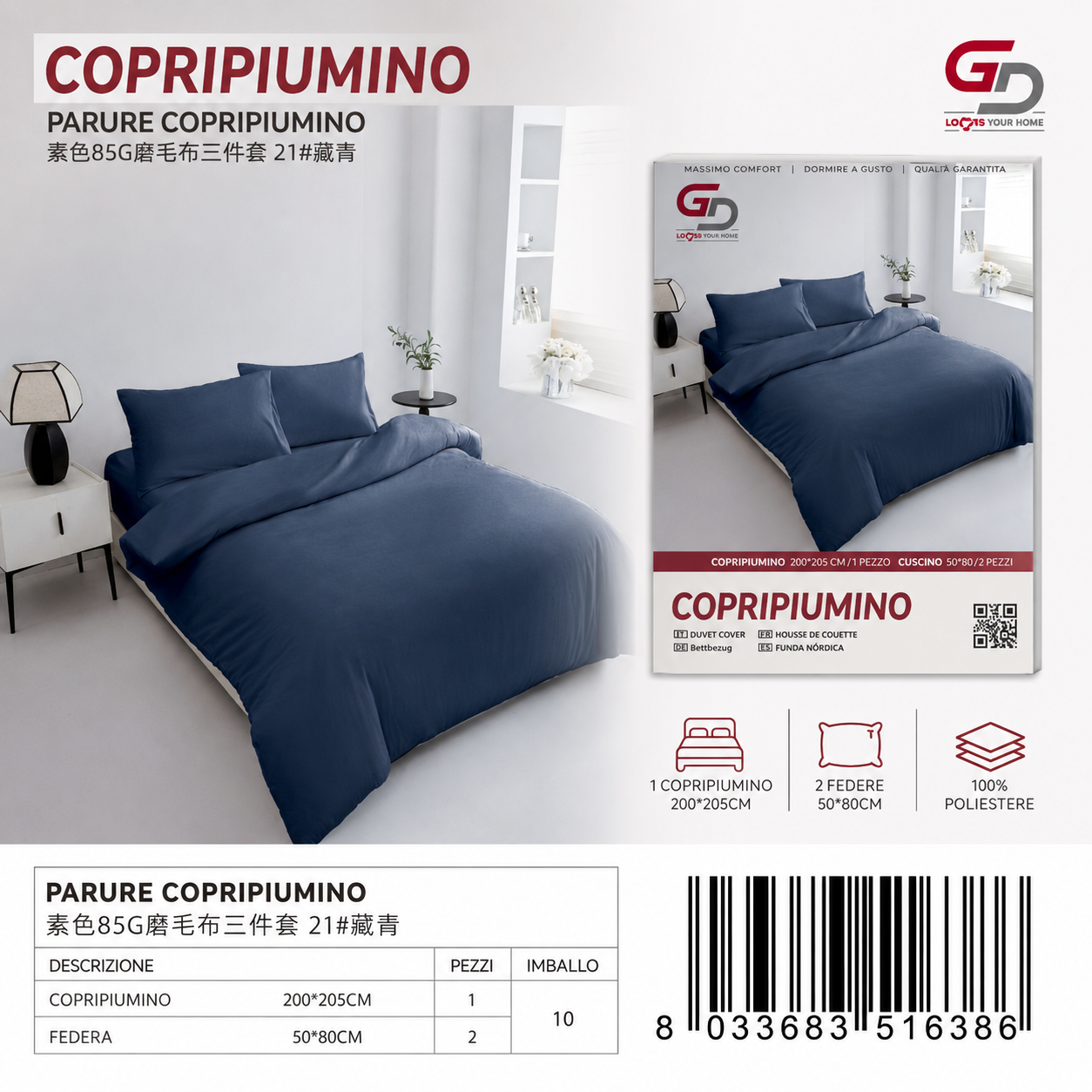 Parure Copripiumino Copripiumino+2 Federe Cuscino 200*205Cm 50*80+20Cm