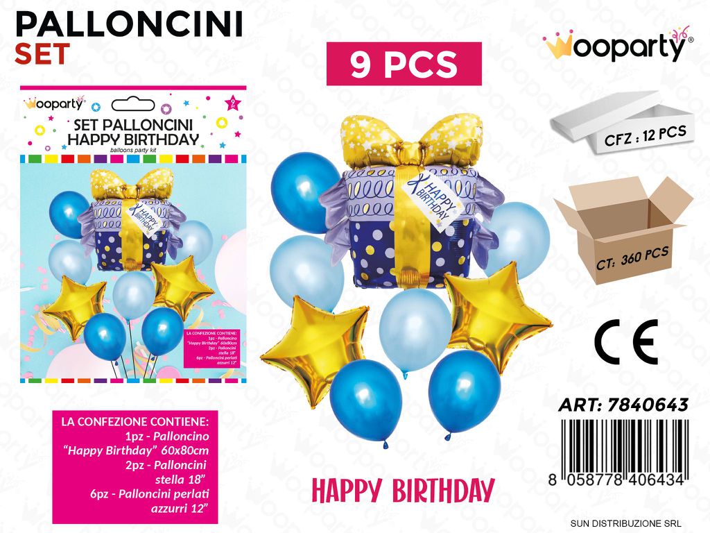 Set Palloncini H. Birthday Azzurro 9PCS Ass.