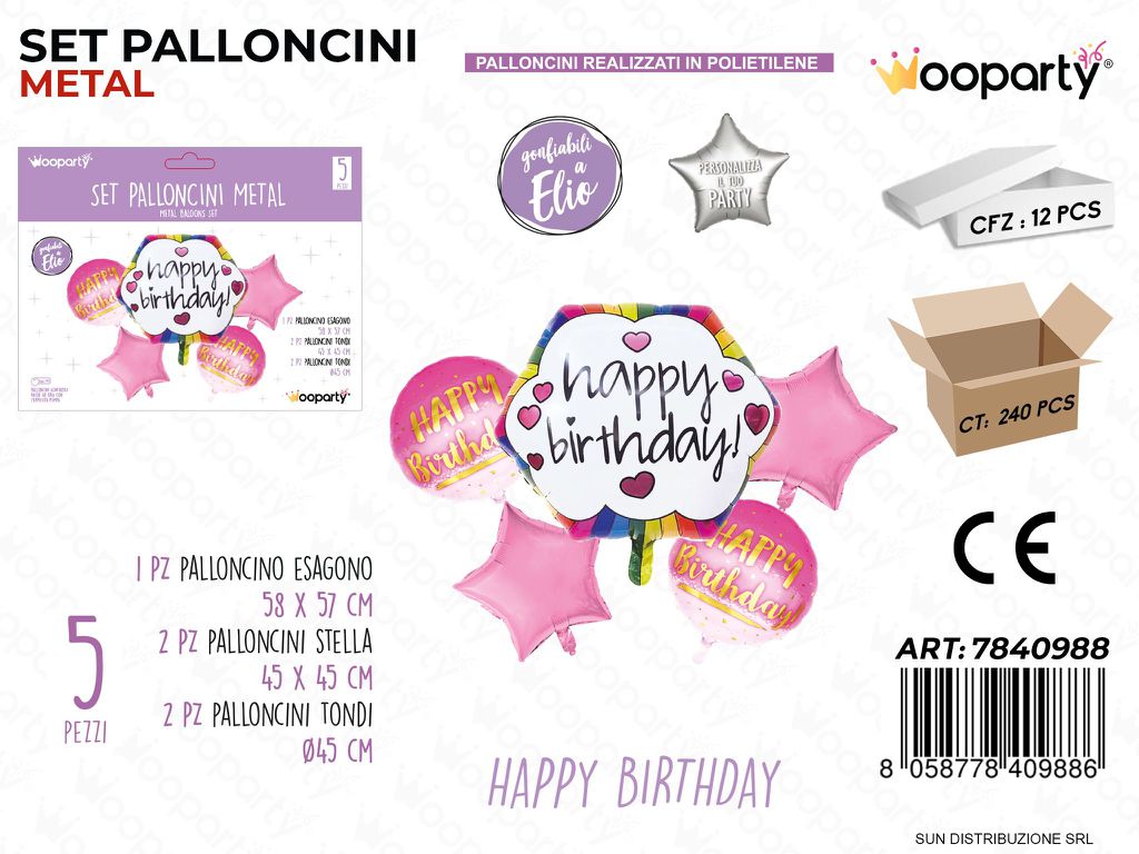 Set Palloncini Metal Happy Birthday 5PCS Ass.
