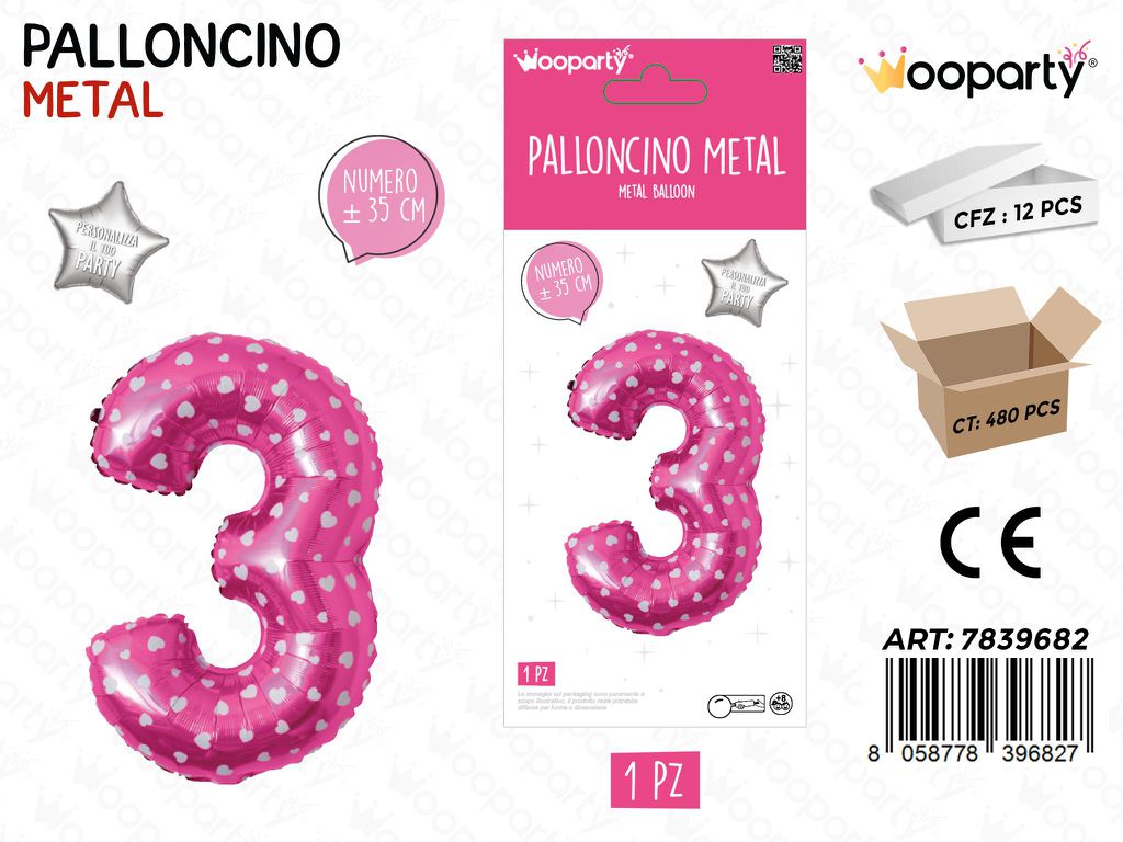 Palloncino Metal Rosa c/Cuore N. 3 35CM