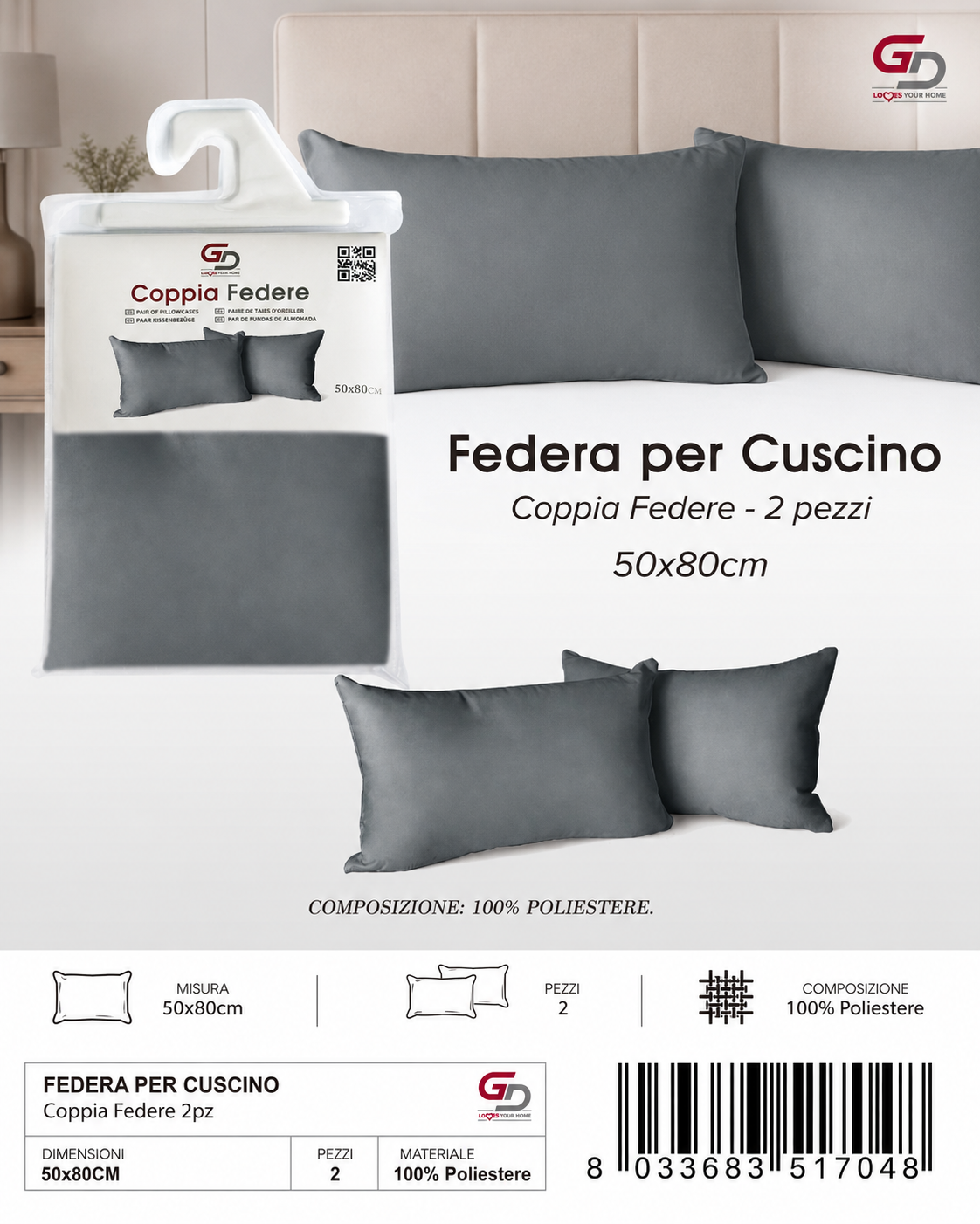 Federa Per Cuscino Grigio Scuro