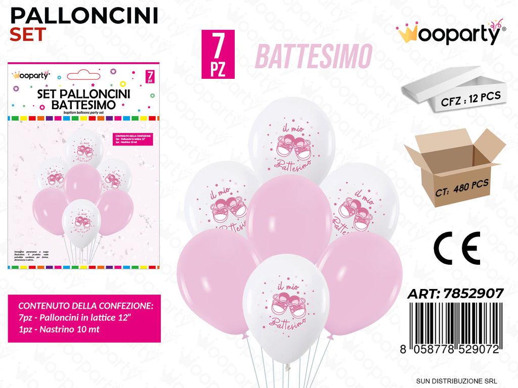 Set Palloncini Battesimo Rosa 7PCS Ass. / Pz da 12