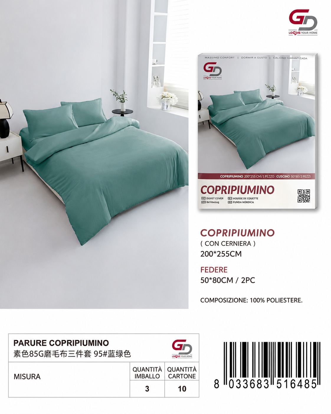 Parure Copripiumino Copripiumino+2 Federe Cuscino 200*255Cm 50*80+20Cm