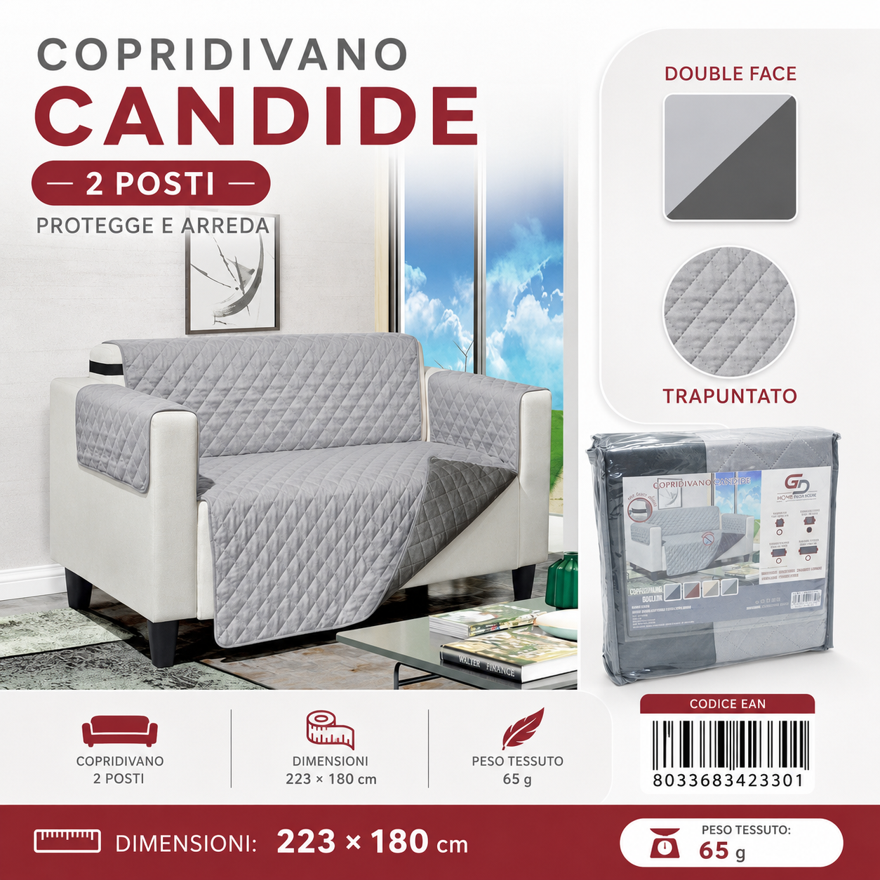 Copridivano Candide 2 Posti 223*179Cm Antimacchia