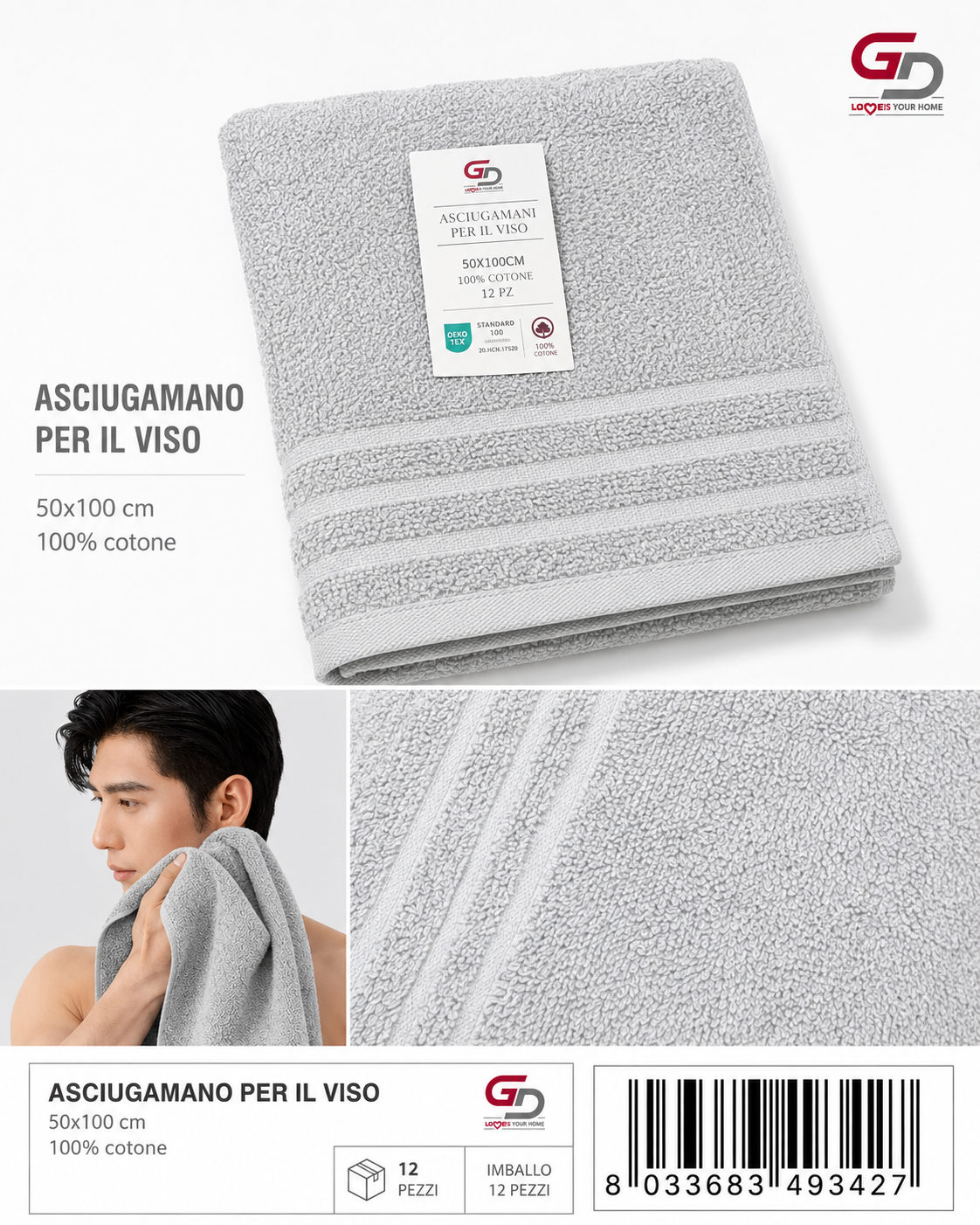 Face Towels Grey 50X100 16/S Ring 380