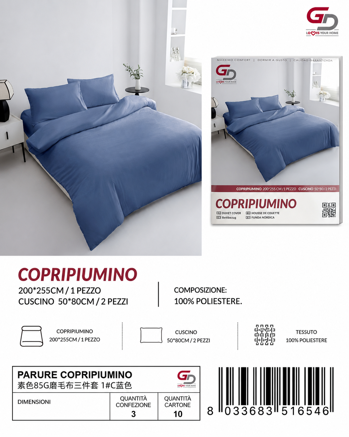 Parure Copripiumino Copripiumino+2 Federe Cuscino 200*255Cm 50*80+20Cm