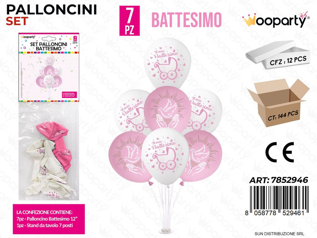 Set Palloncini c/ Stand Battesimo Rosa 7PCS Ass.