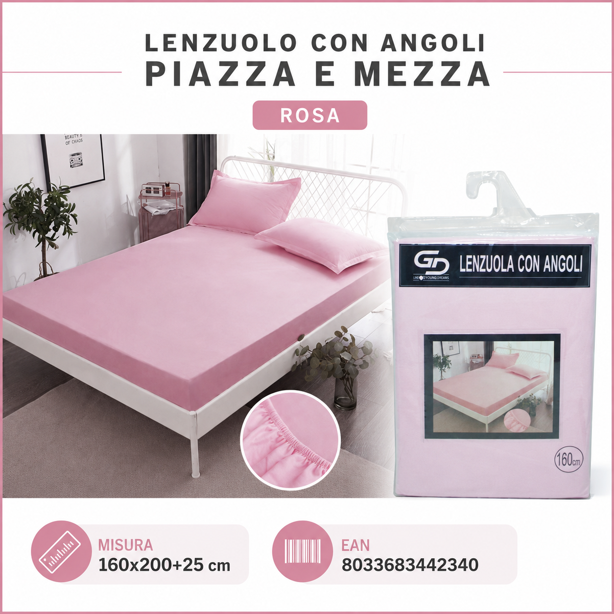Lenzuolo Sotto Con Angoli Piazza Mezza 160*200+25Cm