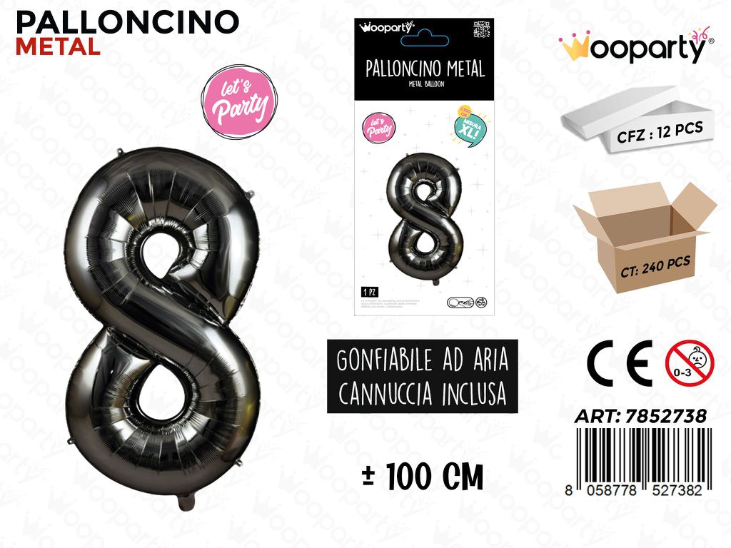 Wooparty Palloncino Metal Nero N.8 100CM