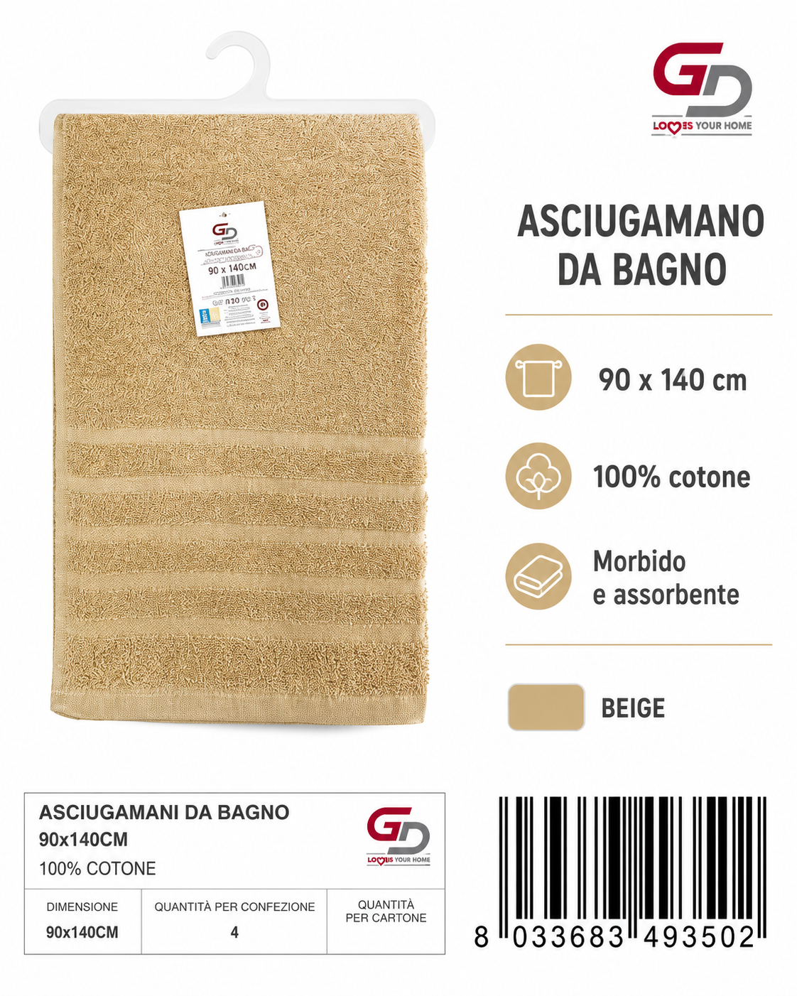 Bath Towels Sand 90X140 16/S Ring 380