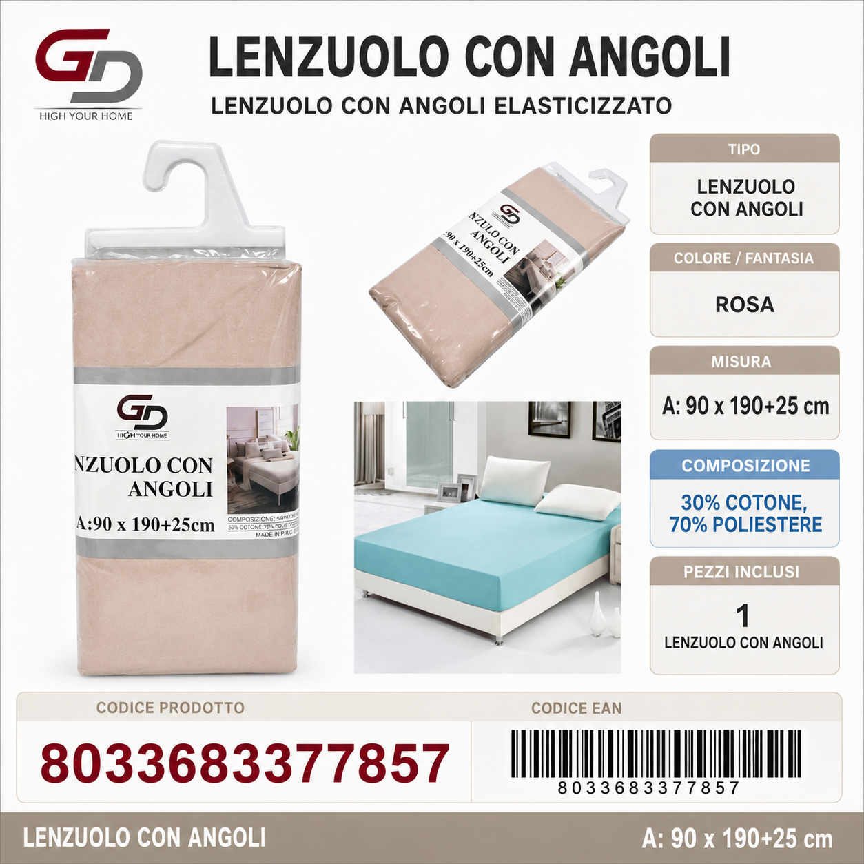 Lenzuolo Sotto Con Angoli Singola 90*190Cm+25Cm