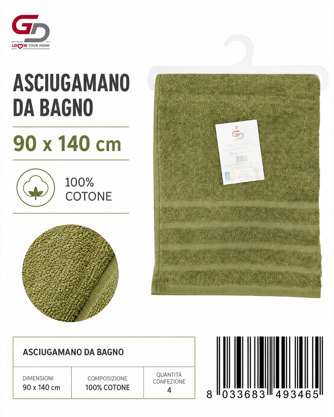 Bath Towels Green 90X140 16/S Ring 380