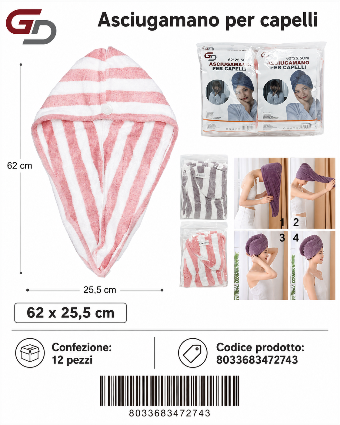Asciugamano Per Capelli 62*25.5Cm