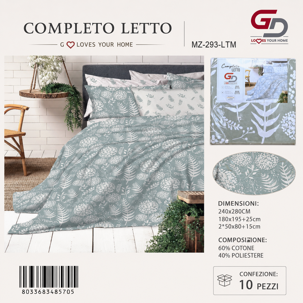 Completo Letto Matrimoniale 240X280/180X195+25/2X50X805 Mz-293-Ltm Sheetset 60 Cotone 40 Poliestere