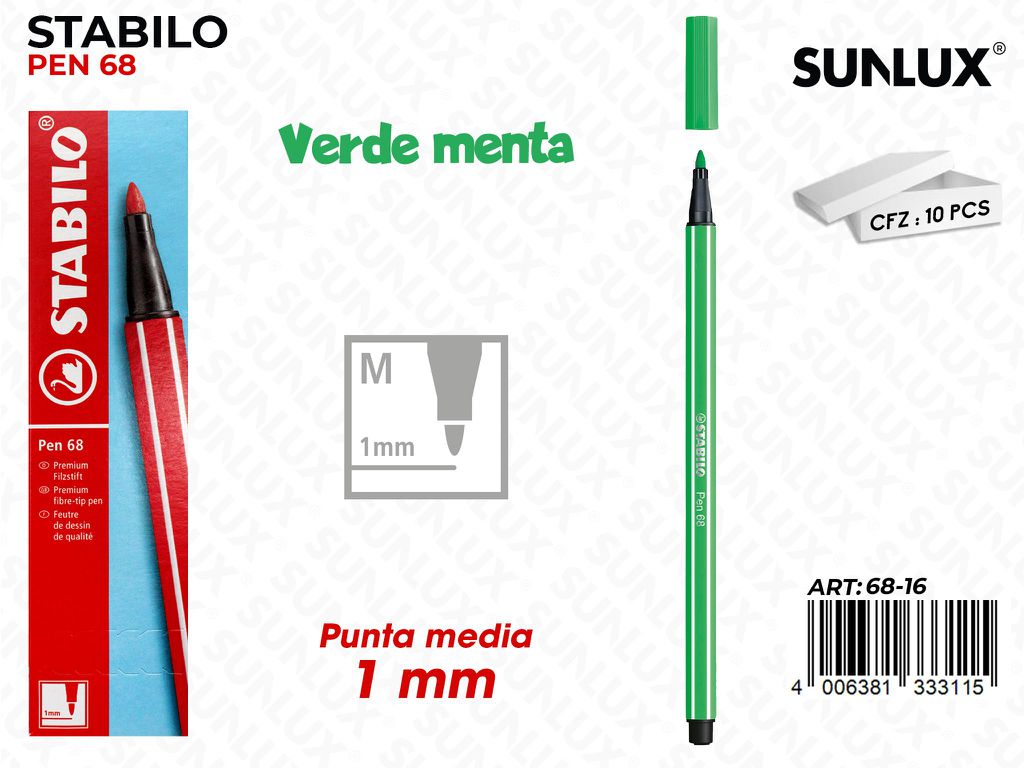 Stabilo Pen 68 Punta M Verde Menta