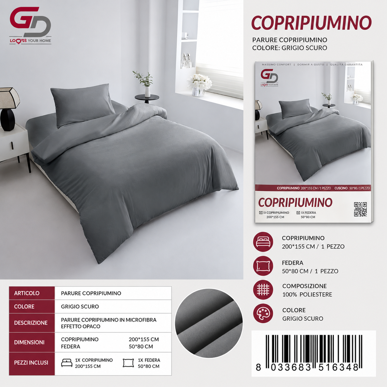 Parure Copripiumino Copripiumino+1 Federa Cuscino 200*155Cm 50*80+20Cm