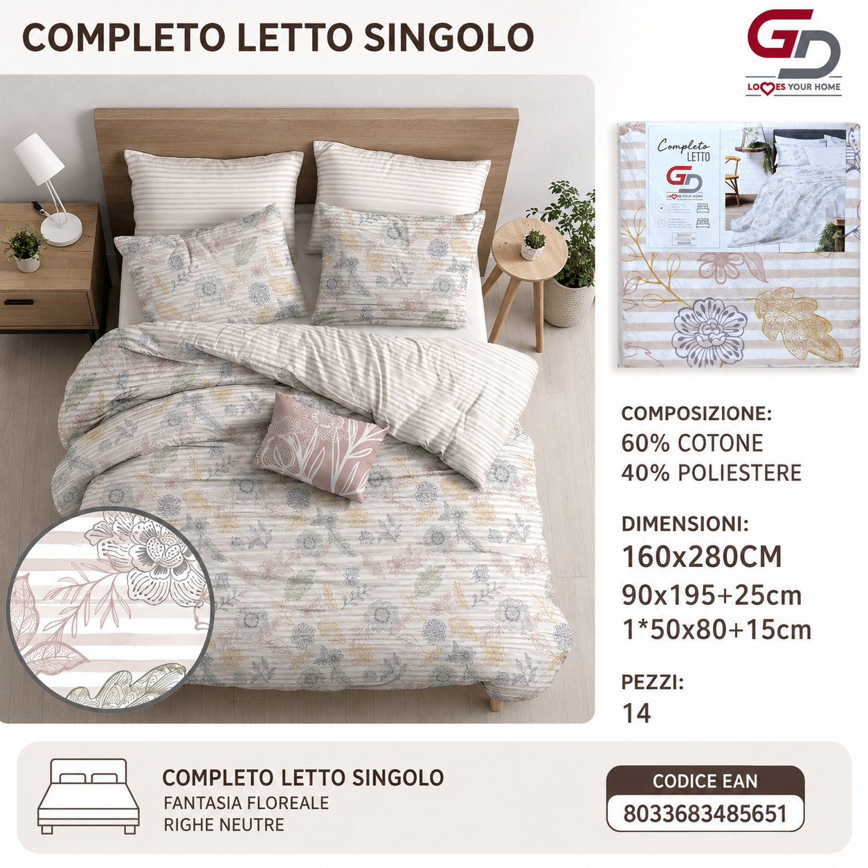 Completo Letto Singolo 160X280/90X195+25/1*50X805 Mz-232-Ltm Sheetset 60 Cotone 40 Poliestere