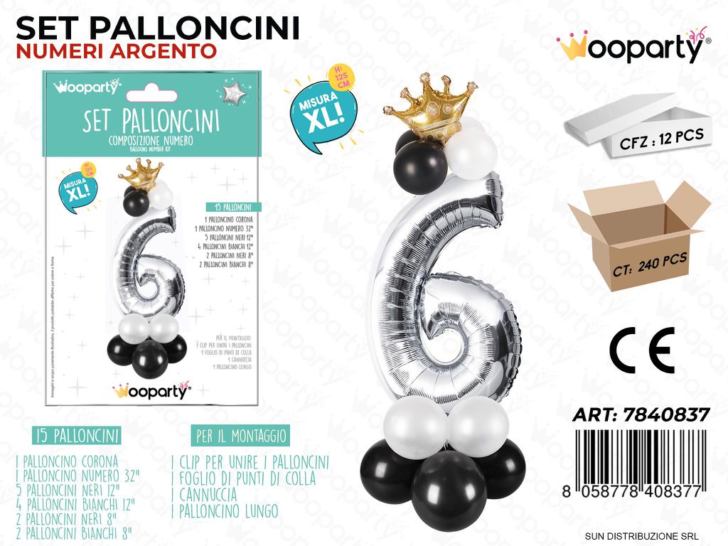 Set 15 Palloncini Argento c/ Corona Xl N.6