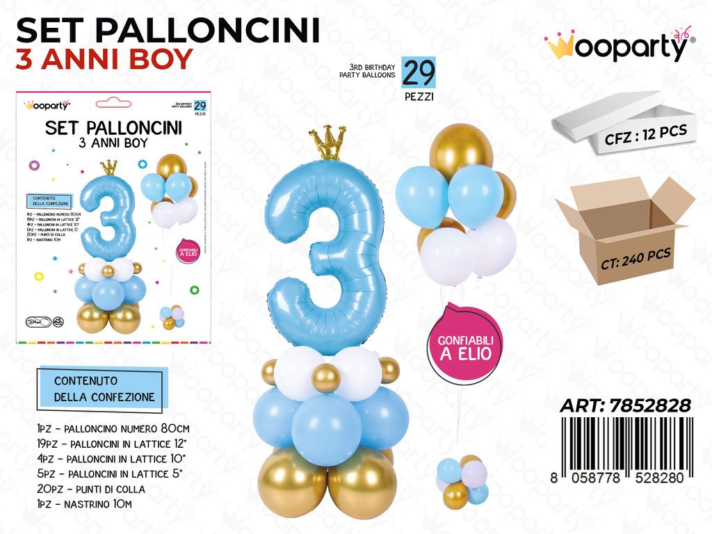 Set Palloncini Con Corona 80cm 3 Anni Boy 29PCS