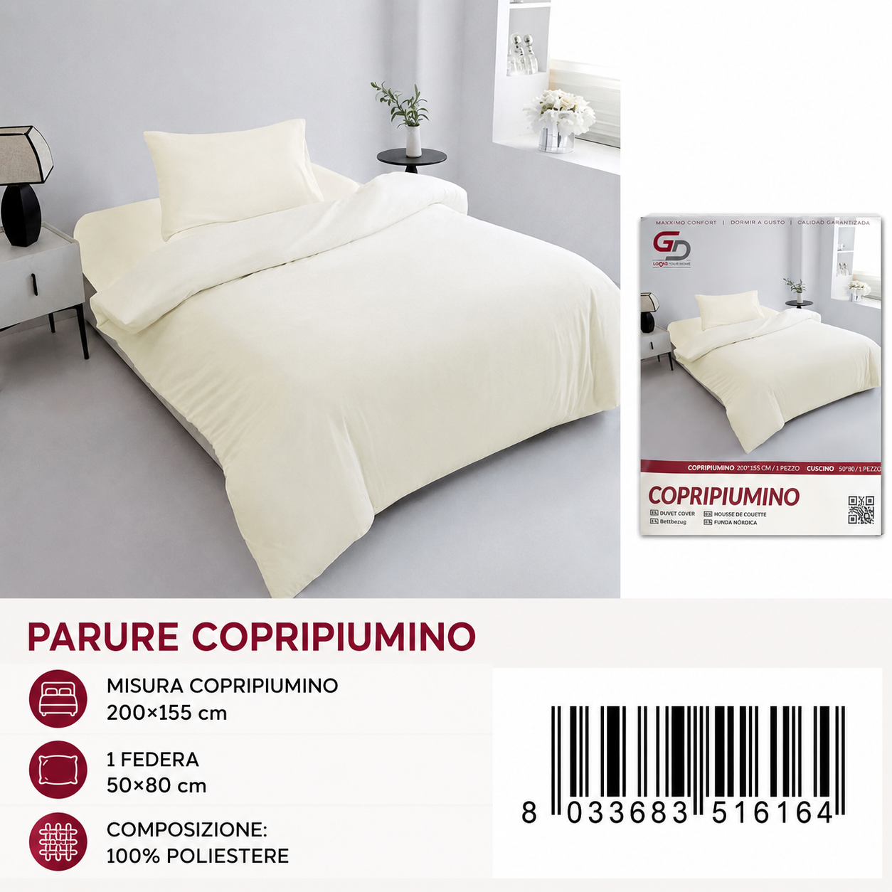 Parure Copripiumino Copripiumino+1 Federa Cuscino 200*155Cm 50*80+20Cm