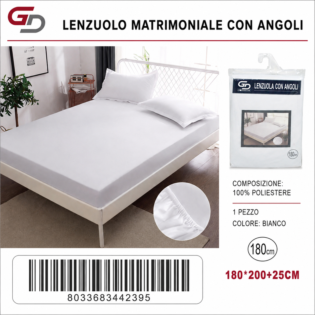 Lenzuolo Sotto Con Angoli Matrimoniale 180*200+25Cm