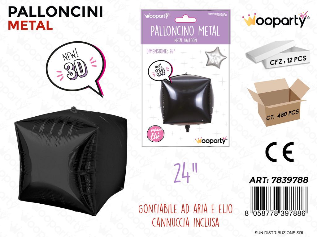 Palloncini Metal Nero Cubo 3D 24CM