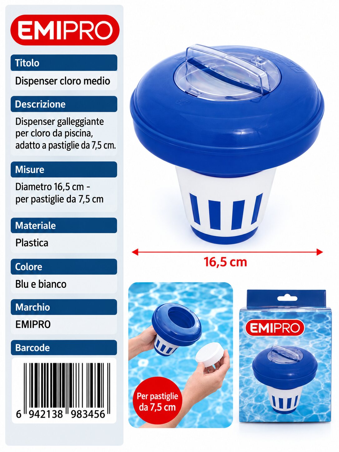 Dispenser Cloro Medio Da cm.16.5 Per Pastiglie Dm cm.7.5
