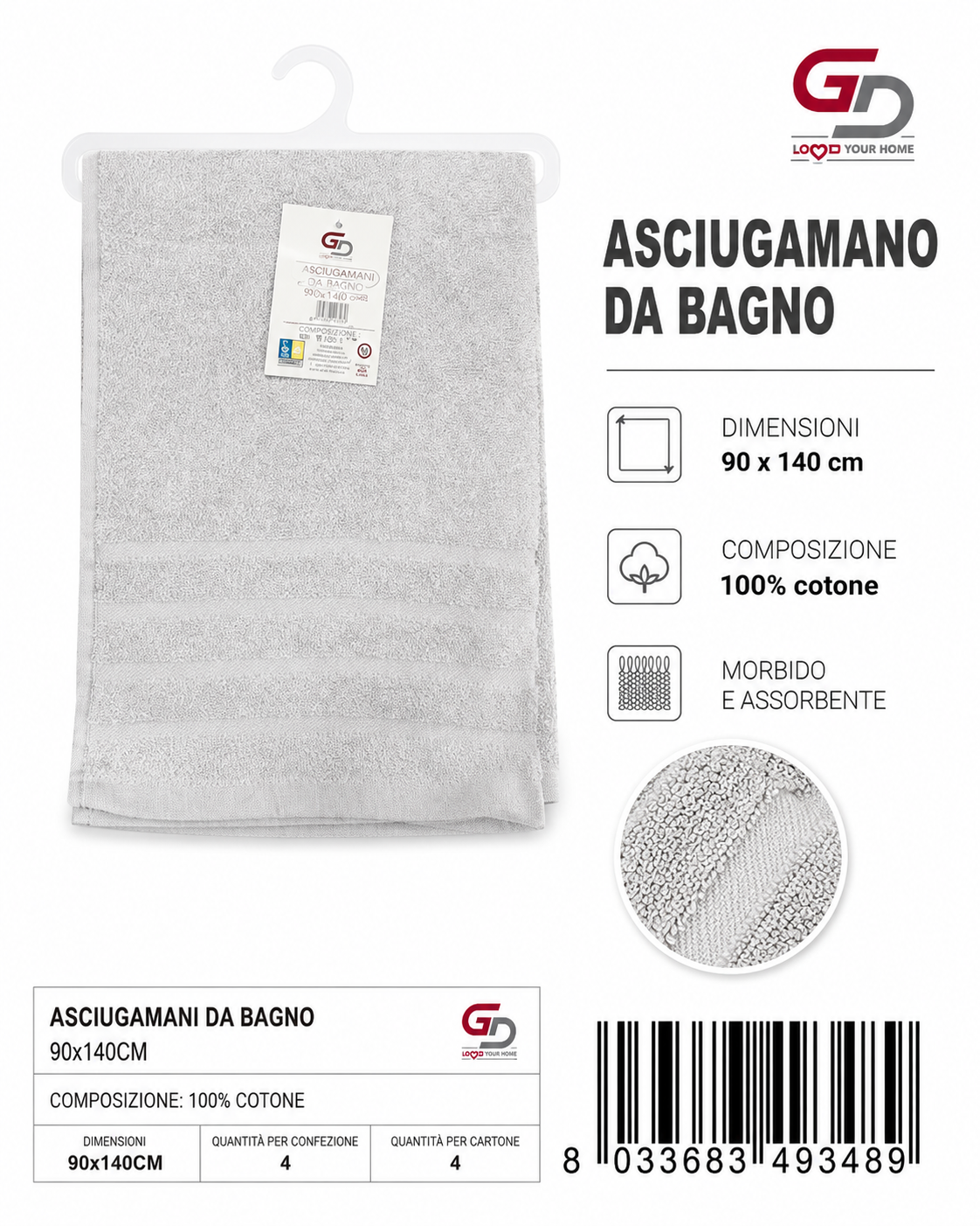 Bath Towels Grey 90X140 16/S Ring 380
