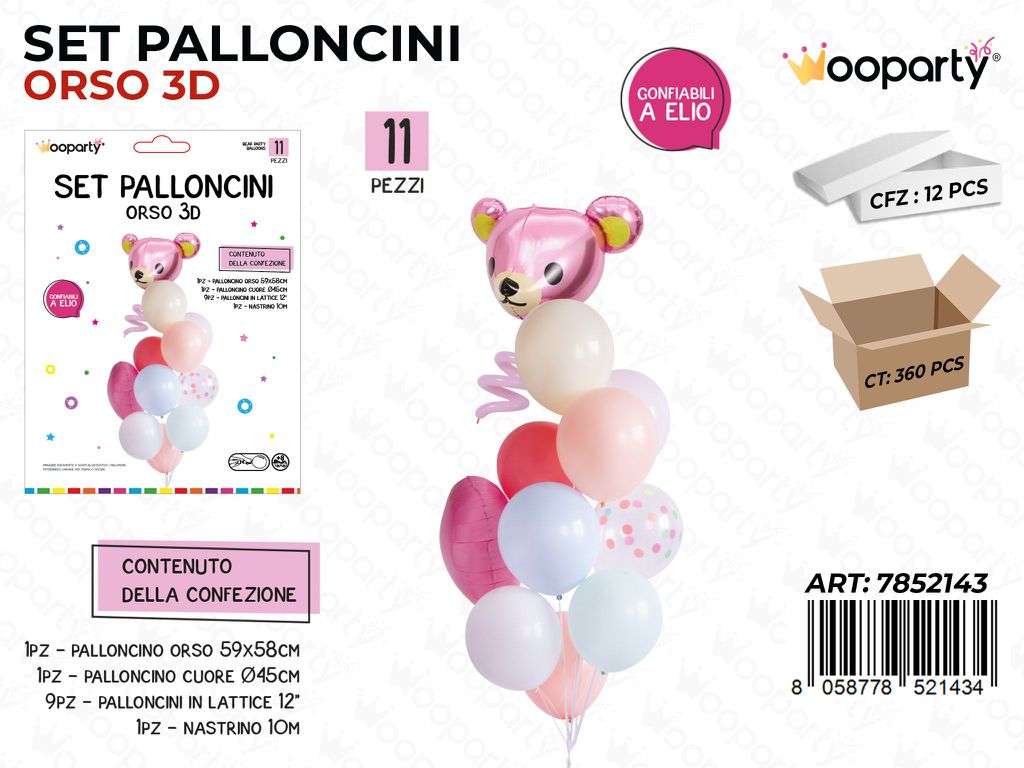 Set Palloncini Orso 3D Rosa 11PCS Ass.