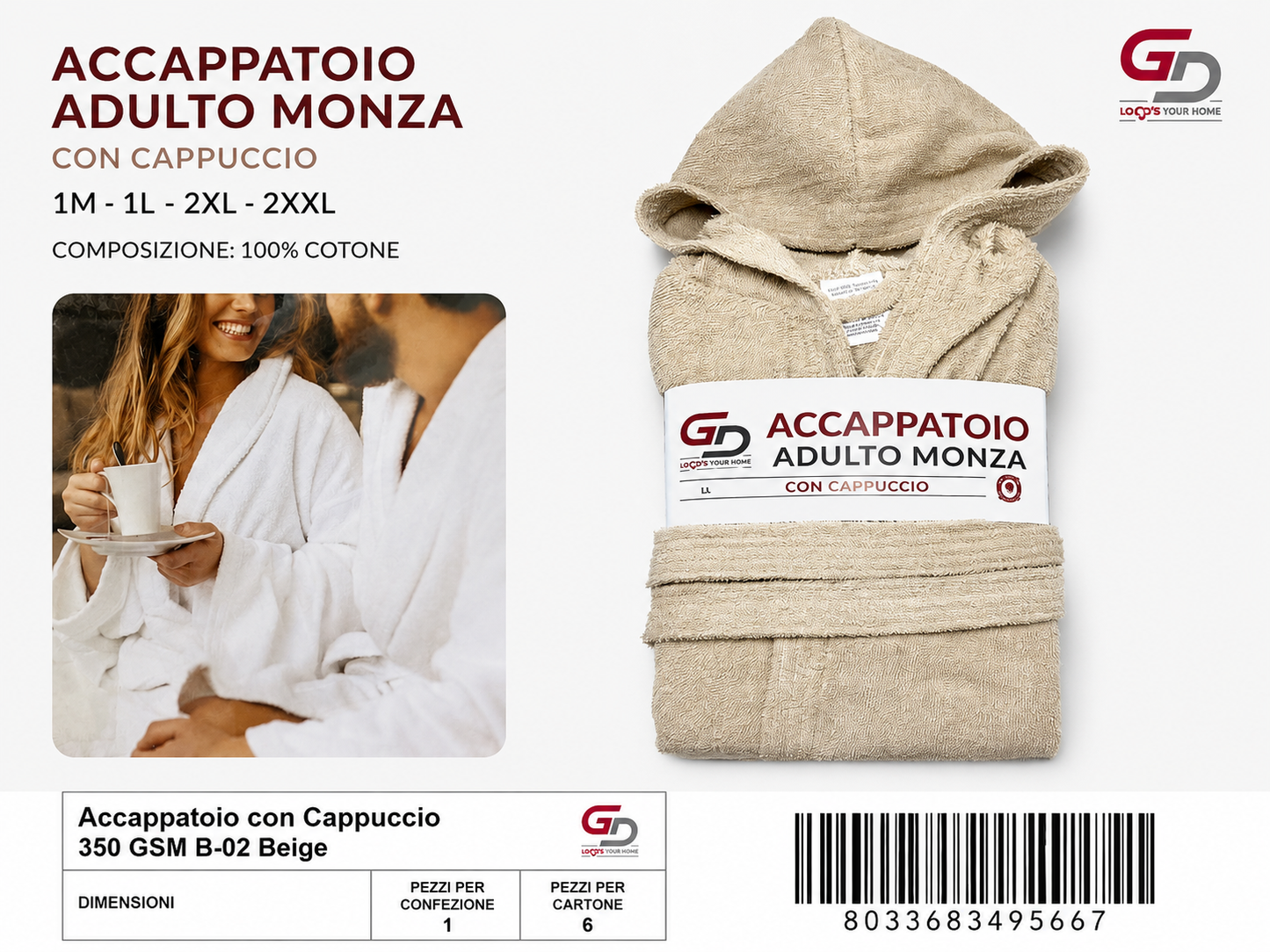 Accappatoio Hooded Bathrobe 350 Gsm B-02 Beige