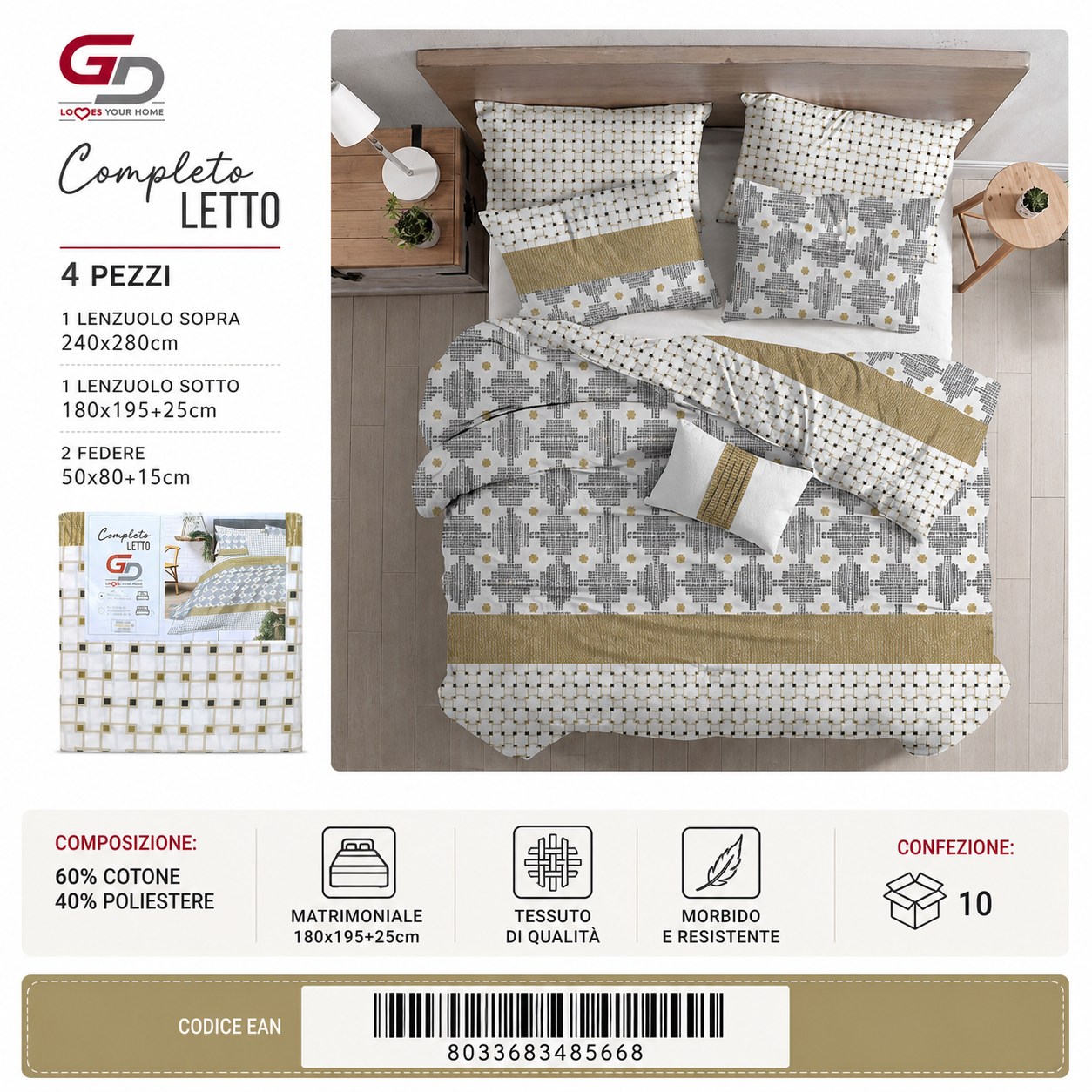 Completo Letto Matrimoniale 240X280/180X195+25/2X50X805 Ta 121-Ltm Sheetset 60 Cotone 40 Poliestere