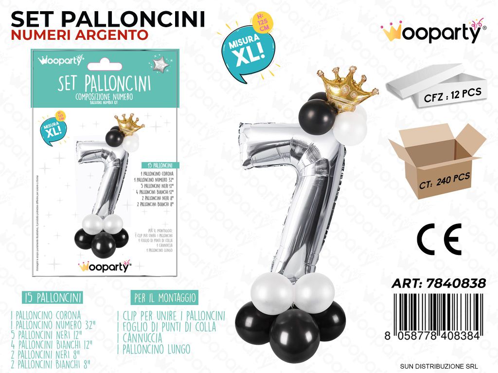 Set 15 Palloncini Argento c/ Corona Xl N.7
