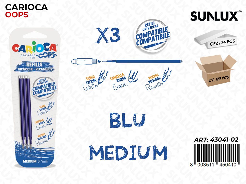Carioca Oops Refill 0.7MM Blu 3PCS