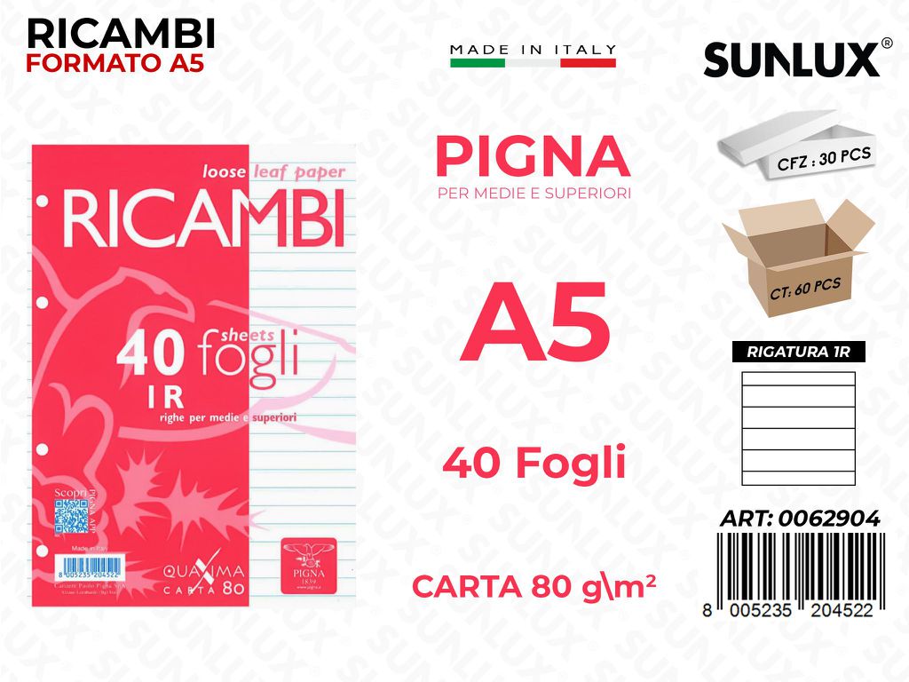 Ricambi Pigna F.to A5 Rig. 1R 40FF 80GR