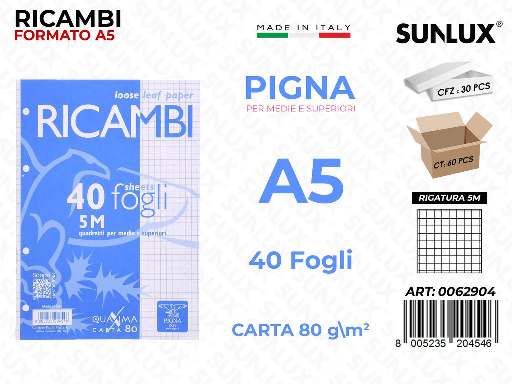 Ricambi Pigna F.to A5 Rig. 5M 40FF 80GR