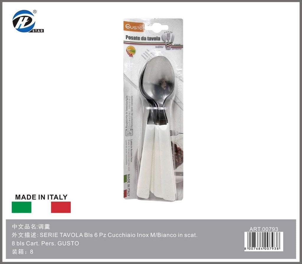 Serie Tavola Bls 6 Pz Cucchiaio Inox M/Bianco In Scat. 8 Bls Cart. Pers. Gusto