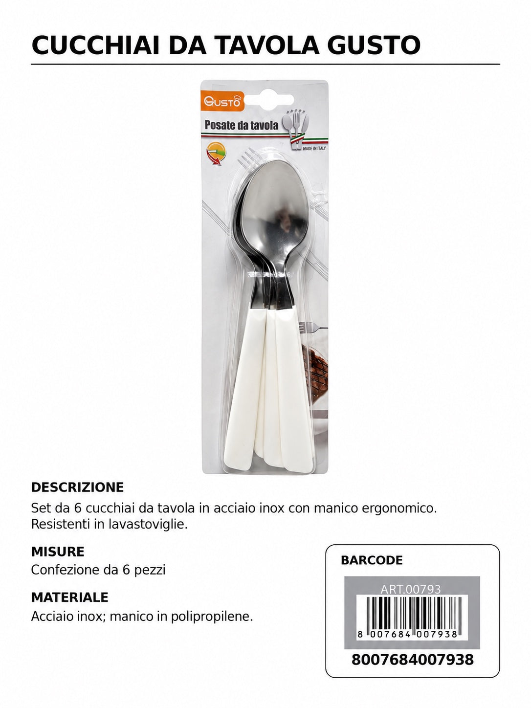 Serie Tavola Bls 6 Pz Cucchiaio Inox M/Bianco In Scat. 8 Bls Cart. Pers. Gusto