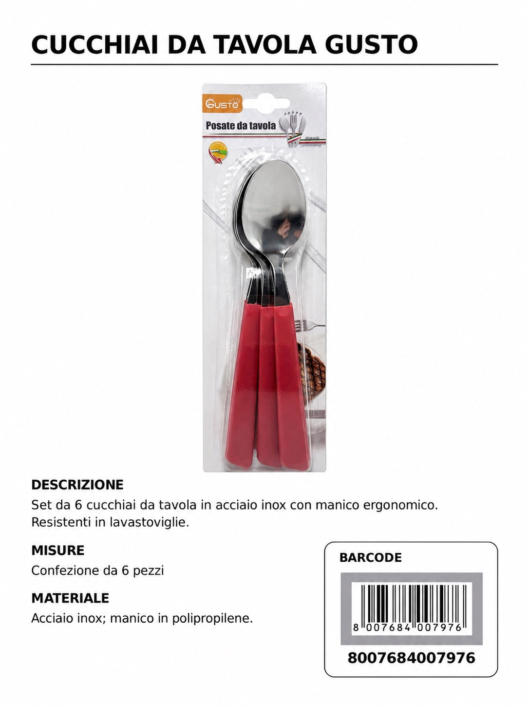 Serie Tavola Bls 6 Pz Cucchiaio Inox M/Rosso In Scat. 8 Bls Cart. Pers. Gusto