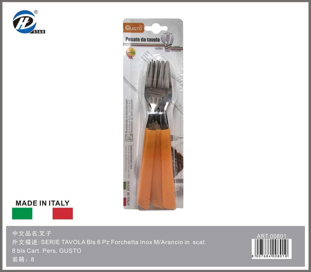 Serie Tavola Bls 6 Pz Forchetta Inox M/Arancio In Scat. 8 Bls Cart. Pers. Gusto