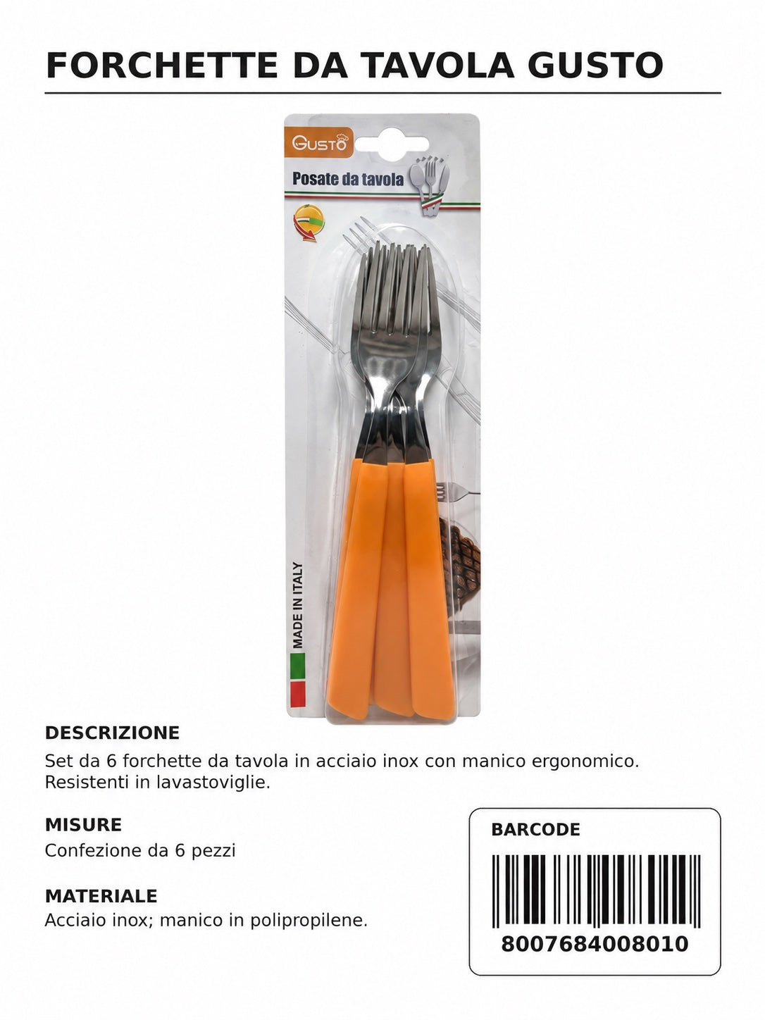 Serie Tavola Bls 6 Pz Forchetta Inox M/Arancio In Scat. 8 Bls Cart. Pers. Gusto