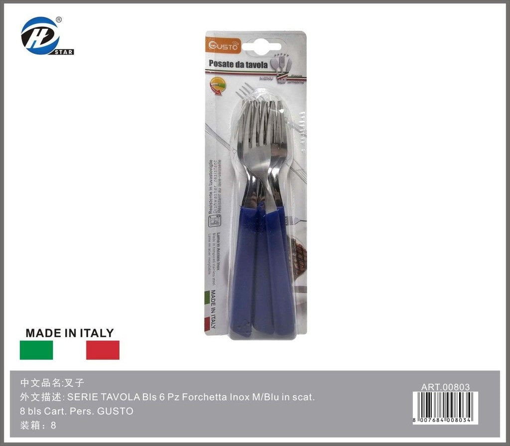 Serie Tavola Bls 6 Pz Forchetta Inox M/Blu In Scat. 8 Bls Cart. Pers. Gusto