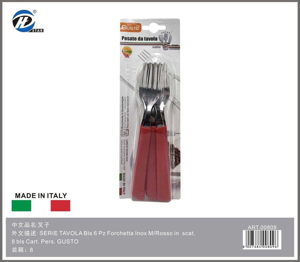 Serie Tavola Bls 6 Pz Forchetta Inox M/Rosso In Scat. 8 Bls Cart. Pers. Gusto