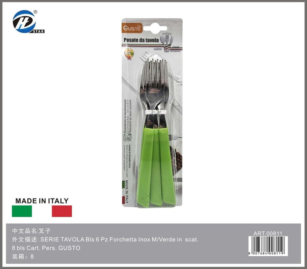 Serie Tavola Bls 6 Pz Forchetta Inox M/Verde In Scat. 8 Bls Cart. Pers. Gusto