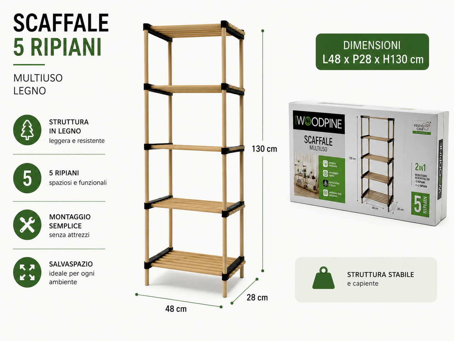 SCAFFALE 5 RIPIANI 48X28XH130CM LEGNO