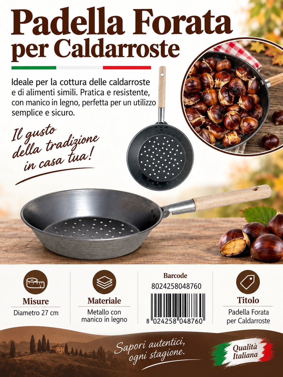 Padella Castagne 27Cmmanico Legno 6826